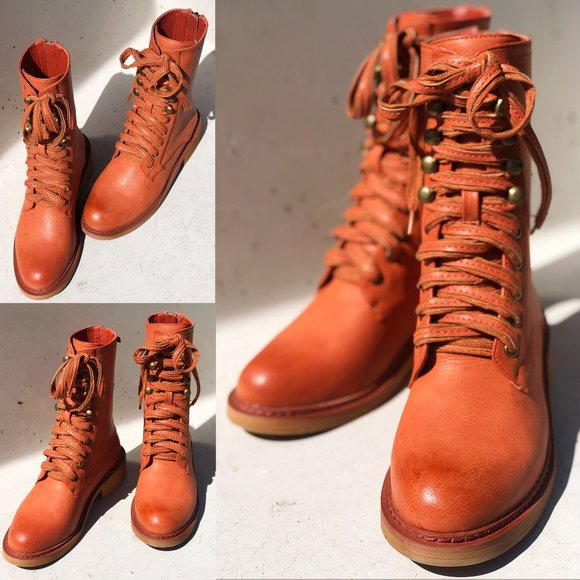 NEW Cognac Orange Laced Up Zipper Back Wooden Heel Mid Calf Ankle Combat Boots - Picture 9 of 13
